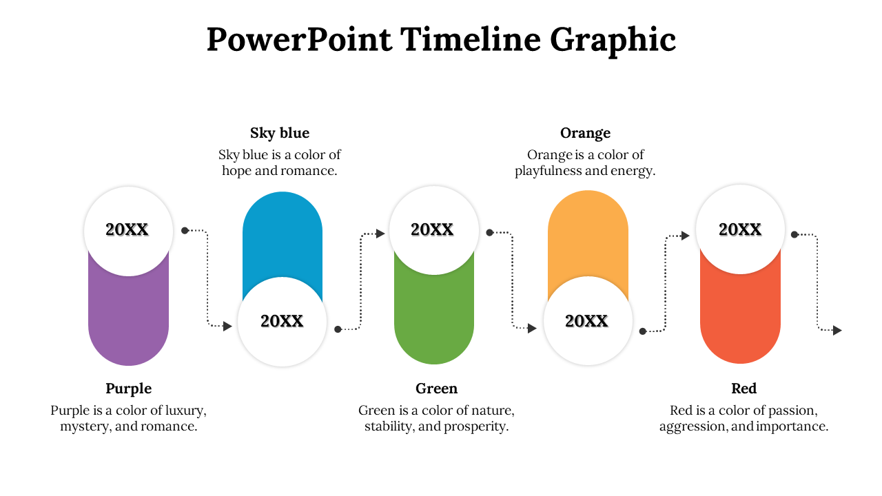 Timeline design featuring five oval shapes in purple, blue, green, orange, and red, each with a white circular year labels.