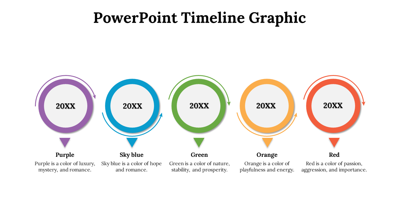 Timeline slide featuring five circular markers in purple, blue, green, orange, and red, with arrows pointing downward.