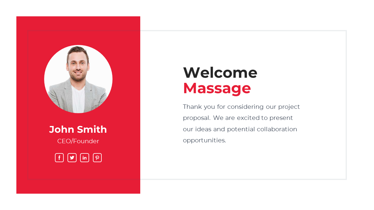 Red slide with a circular photo of a CEO and social media icons, text on the right welcoming the reader to the project.