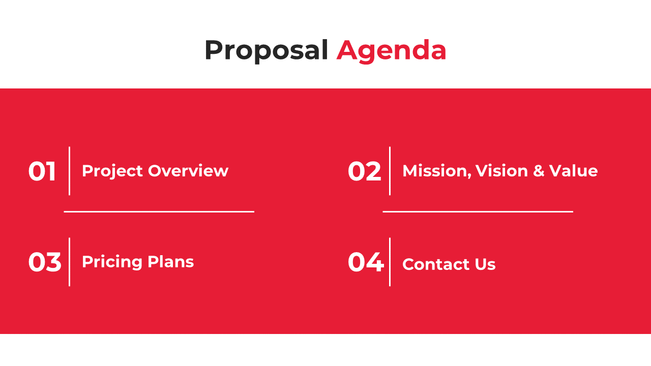 Red background slide with a list of agenda items in white text, numbered 01 to 04, in a clear and simple layout.