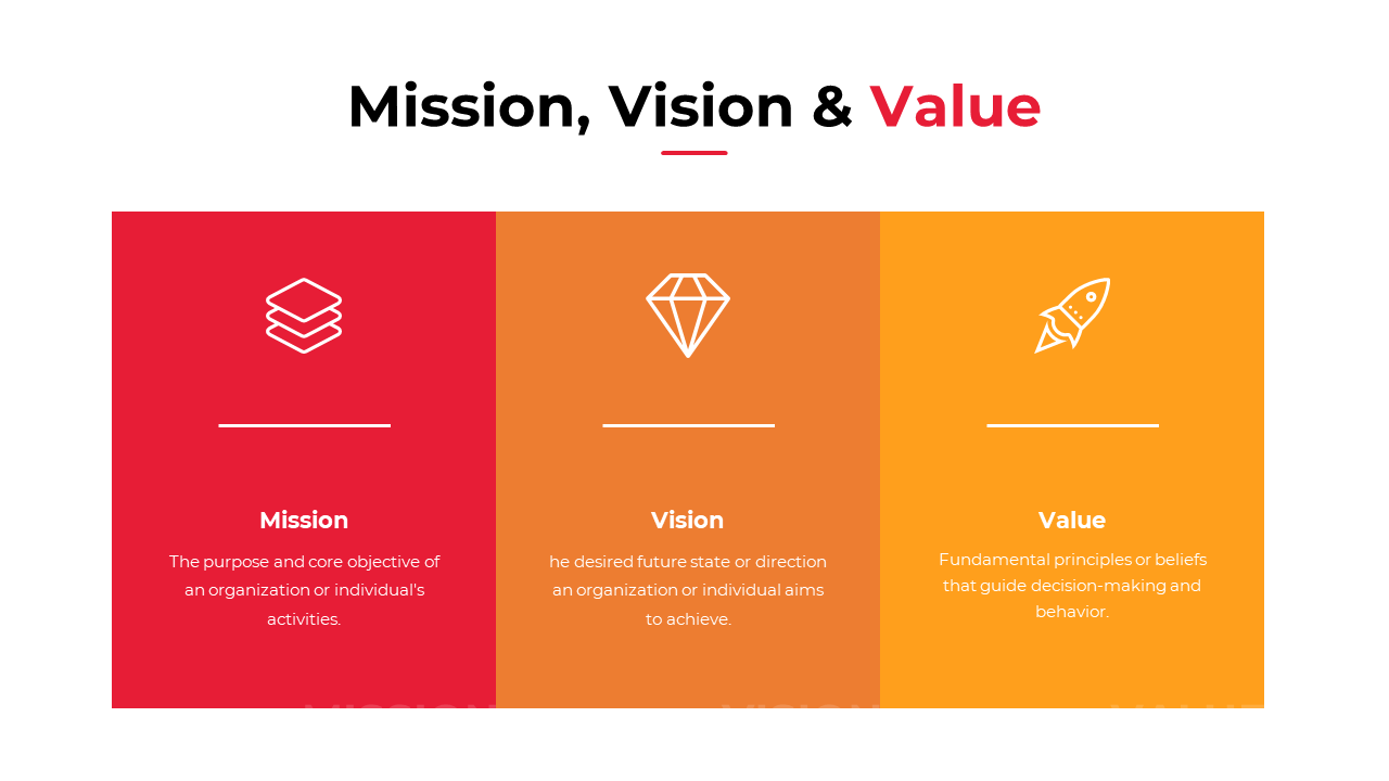 Slide with three colorful blocks in red, orange, and yellow with icons, describing mission, vision, and values.