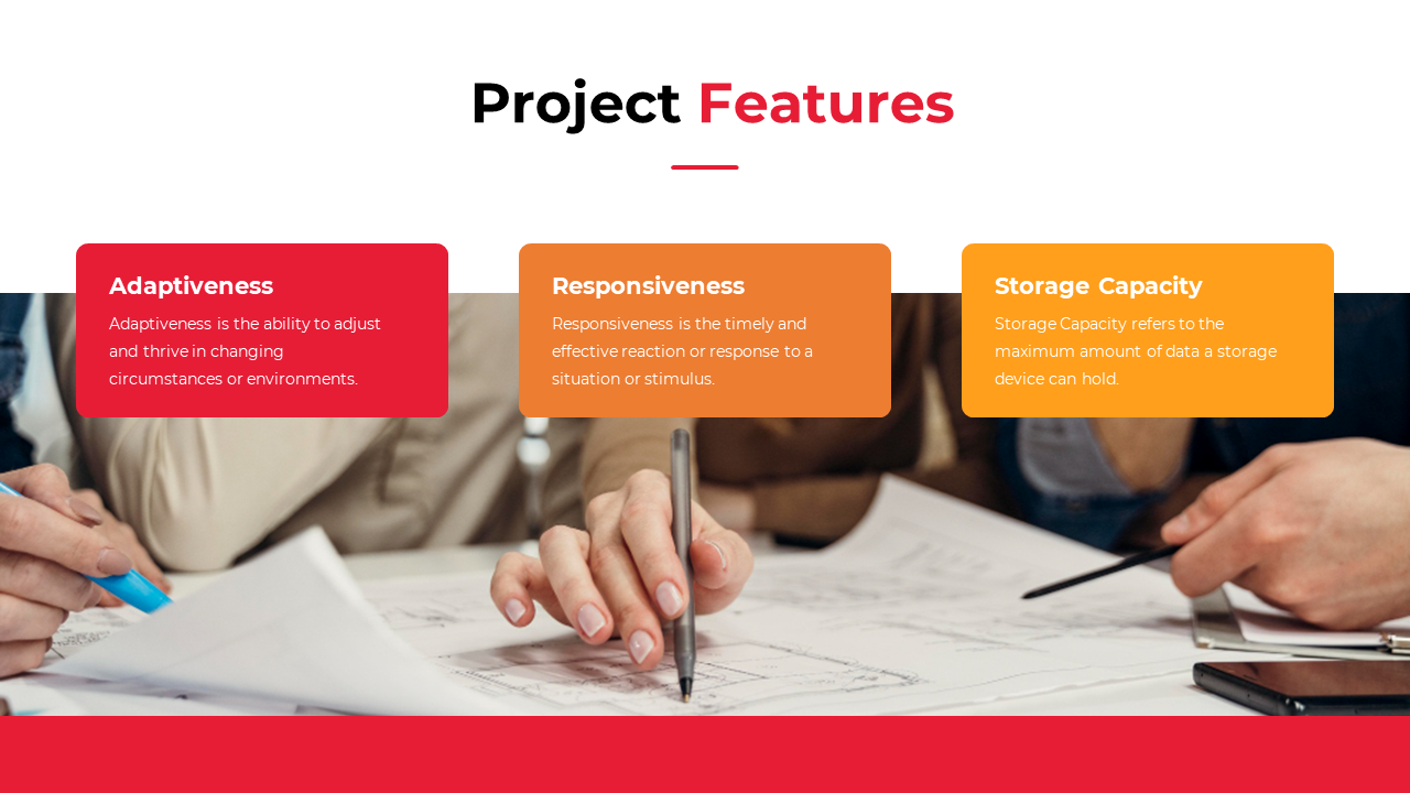Project features slide with three colored boxes in red, orange, and yellow, on a background of persons working on a document.