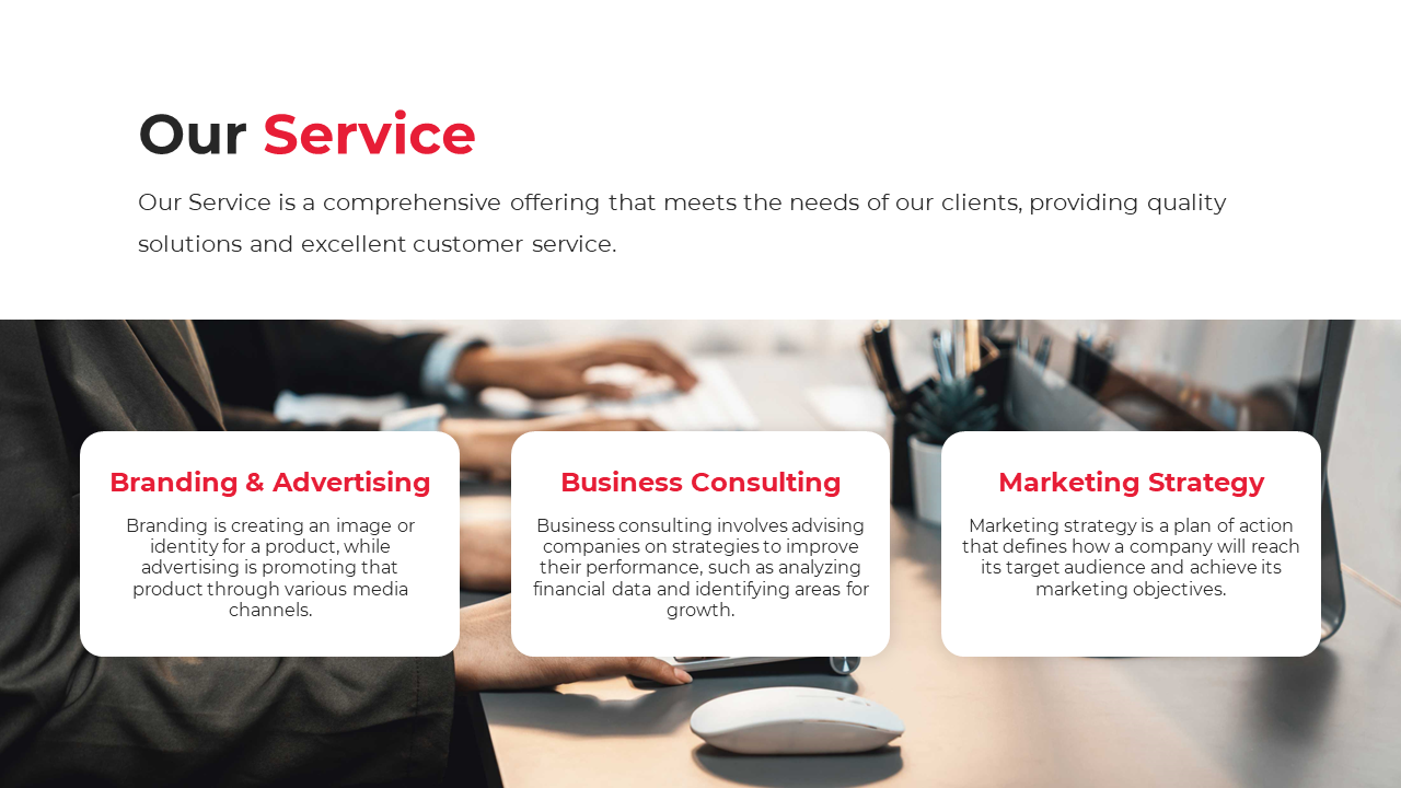 Service description slide featuring three white text boxes, overlaid on a photo of hands on a keyboard.