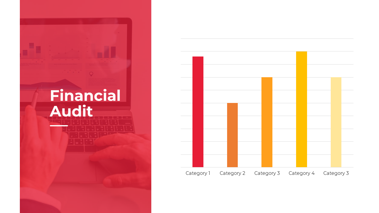 Financial audit slide with a red overlay on a photo of a person analyzing data on a laptop, paired with a bar chart.