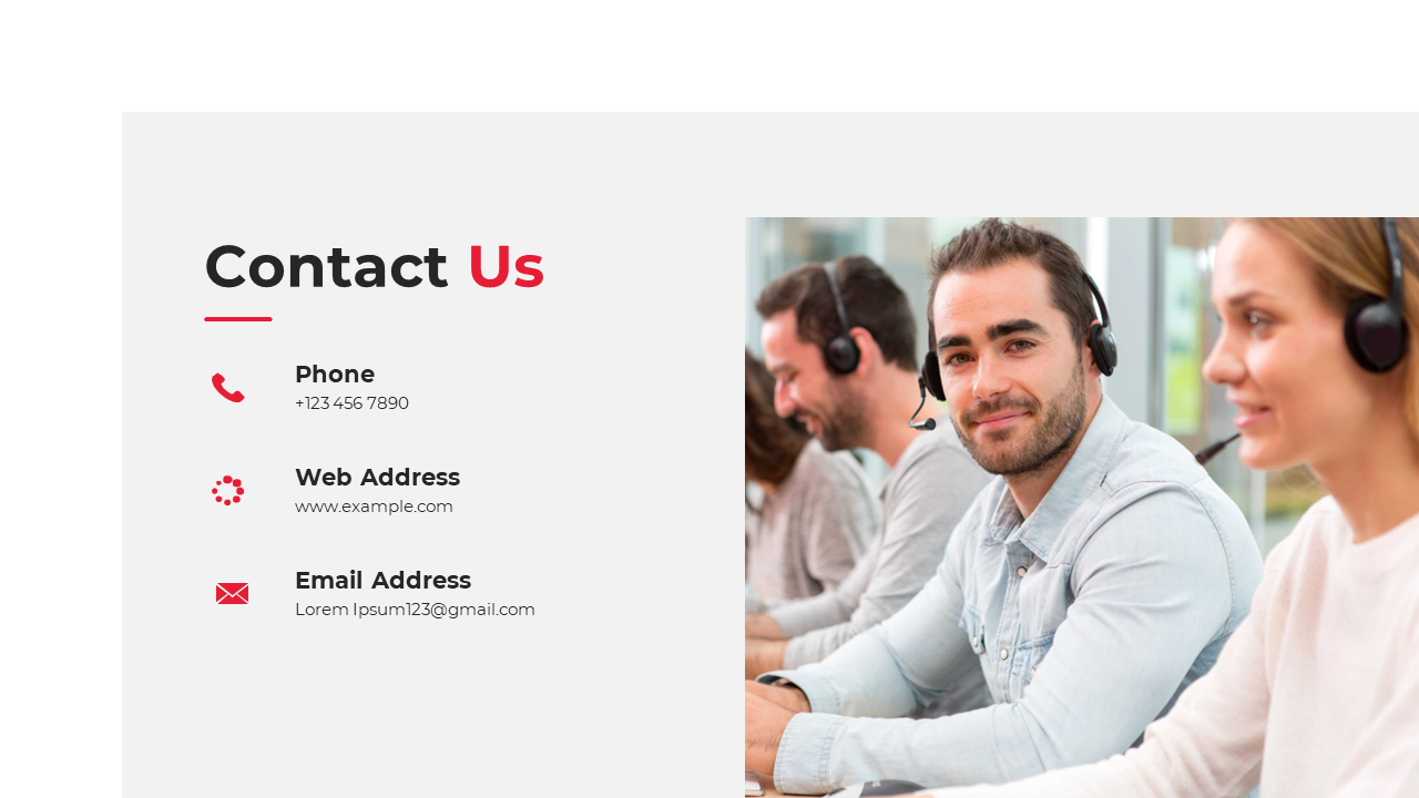 Slide showing contact details for phone, web, and email with a background image of customer support agents wearing headsets.