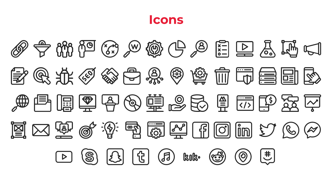 Set of line style icons in black and white, covering topics like data, social media, technology, and business functions.