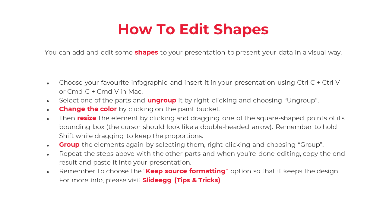 Guide on editing shapes with instructions, using colorful steps with red headings and bullet points.
