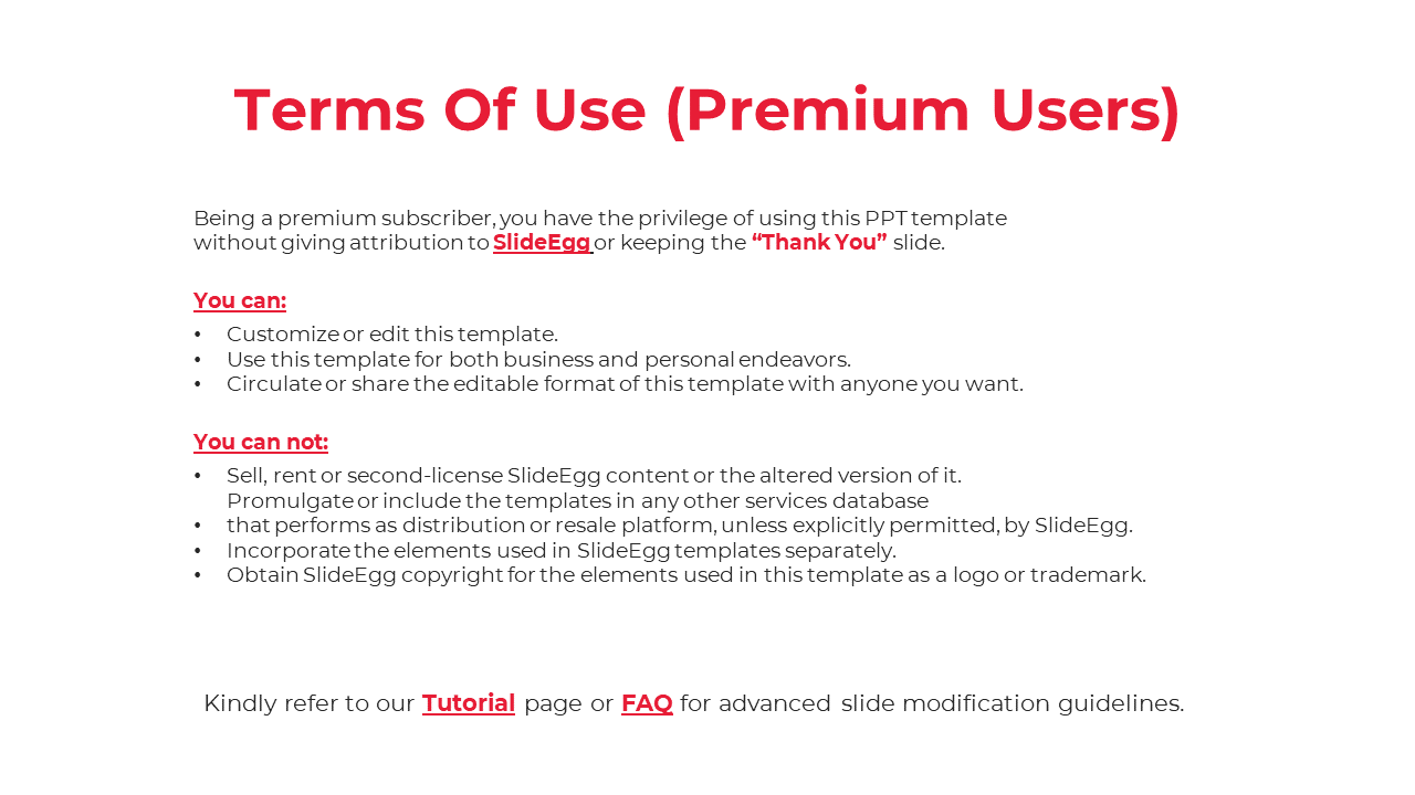 Slide outlining the terms of use for premium subscribers, with guidelines on usage and distribution restrictions.