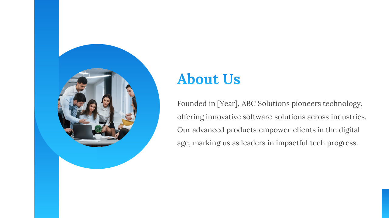 Slide with blue gradient accents, featuring a circular image of a team working together and a description on the right.