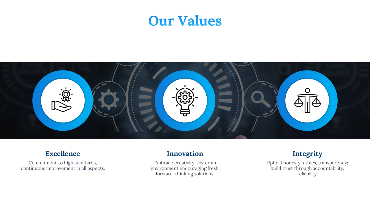 White slide with three blue circles depicting key values, each with an icon and a description, on a dark gear background.