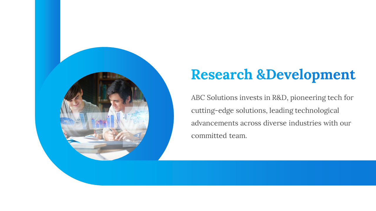 White background with a blue circular accent, showing an image of two people working, with description on the right.