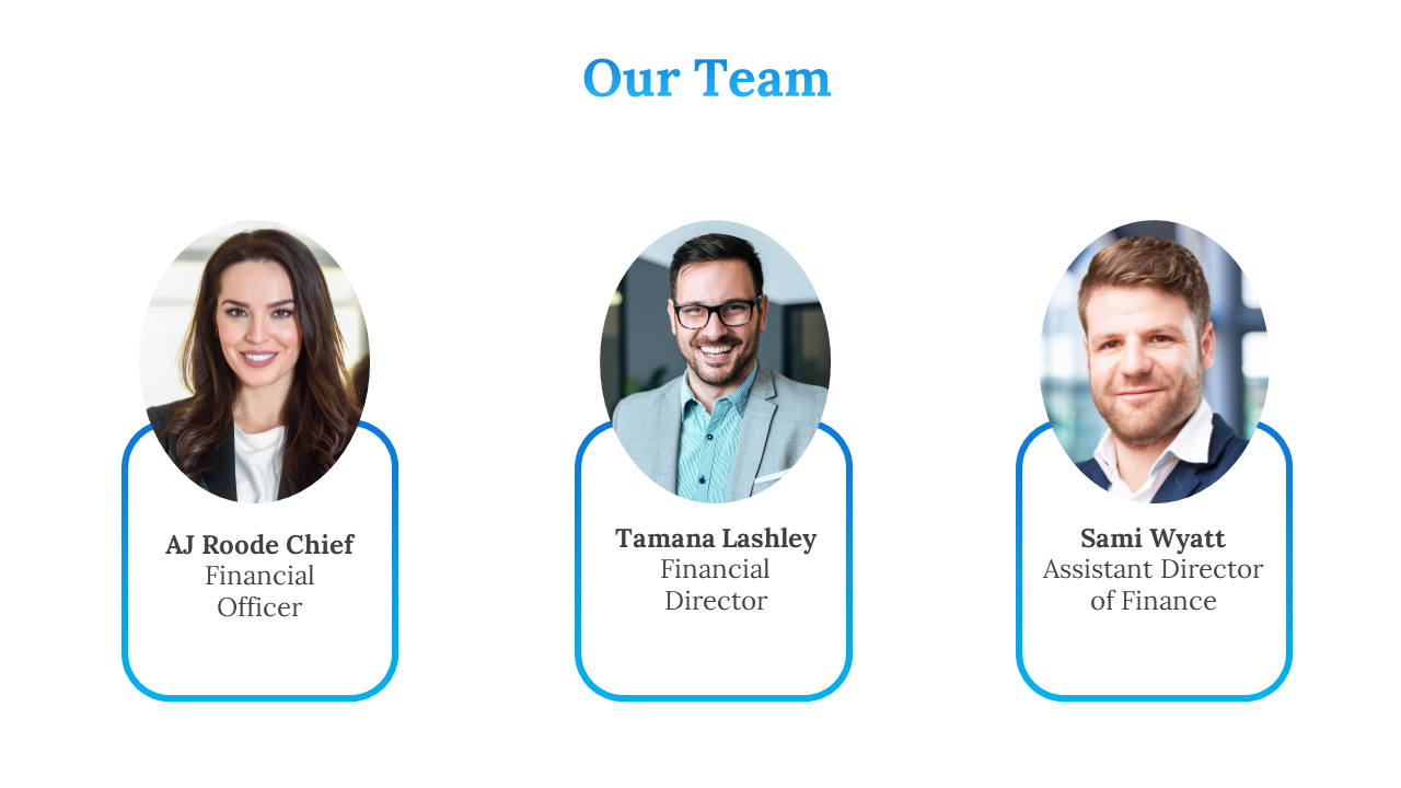 White background featuring three circular portraits of team members with job titles under each, framed in blue boxes.