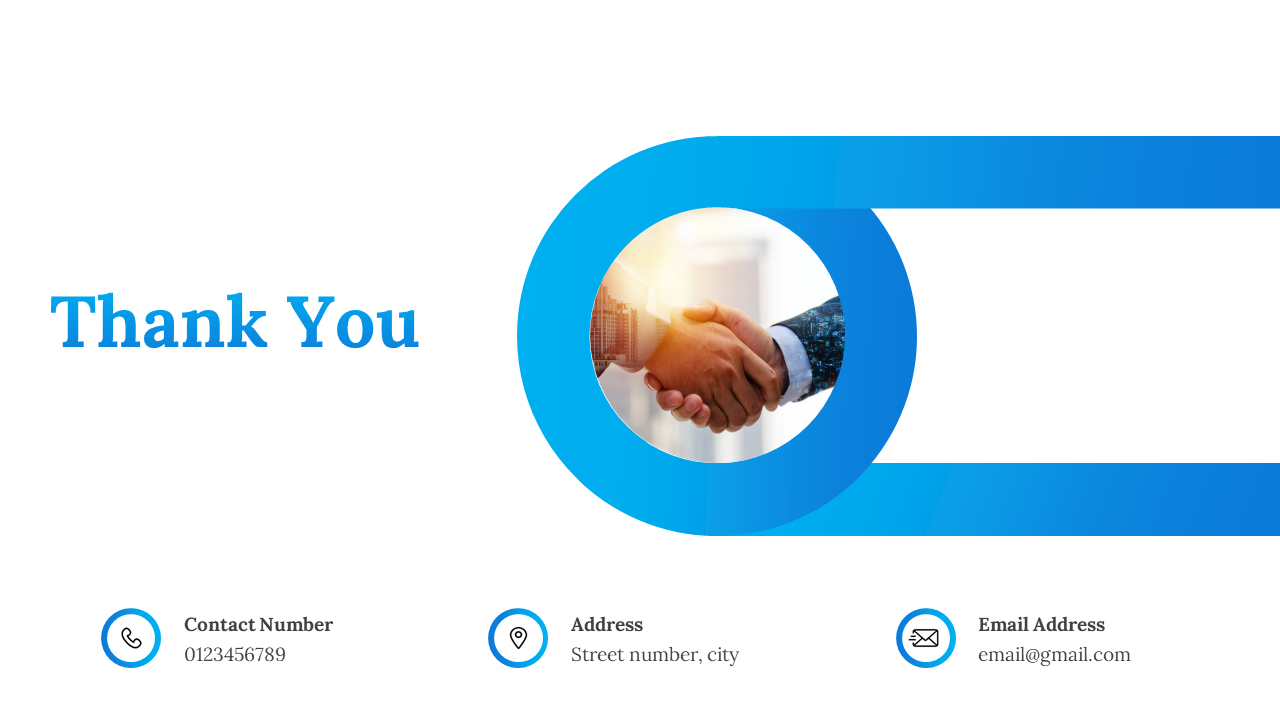 White background with a blue circular design, featuring a handshake image in the center, and contact details at the bottom.