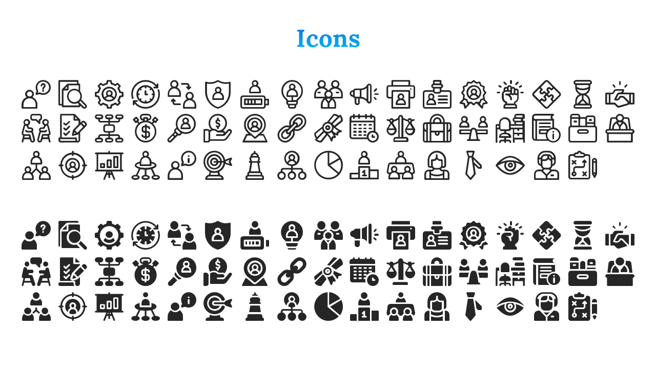 Structured layout of outlined and filled icons including people, analysis tools, and workflow symbols, organized in rows.