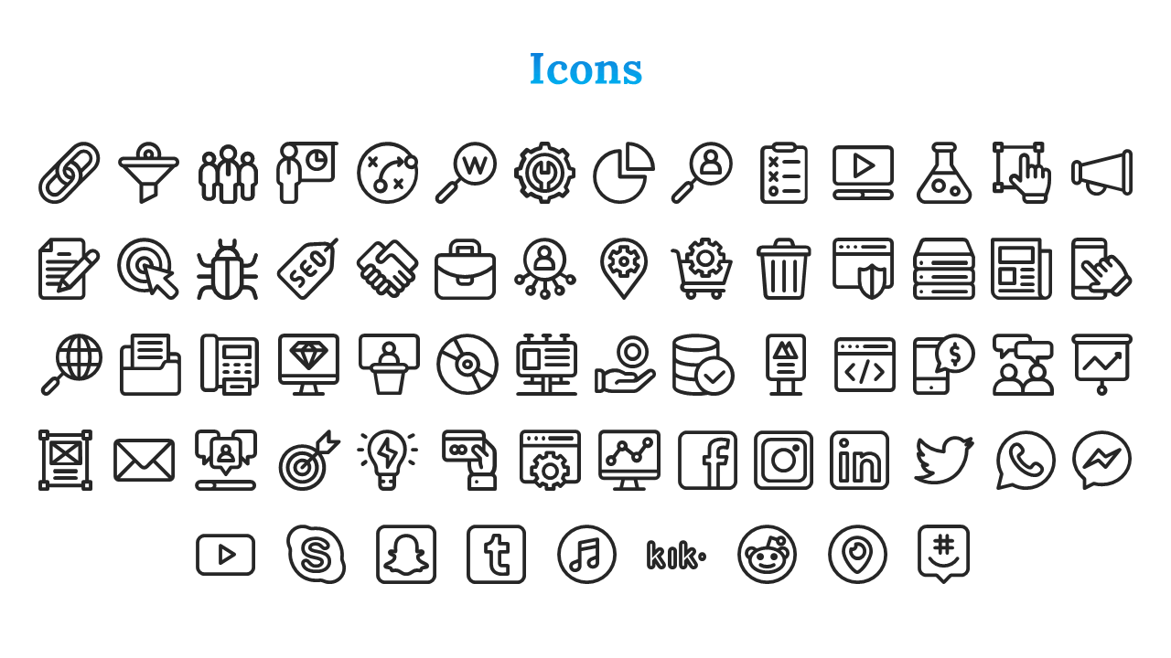 Variety of line drawn icons such as social media, business elements, and tech related logos, arranged in a structured grid.
