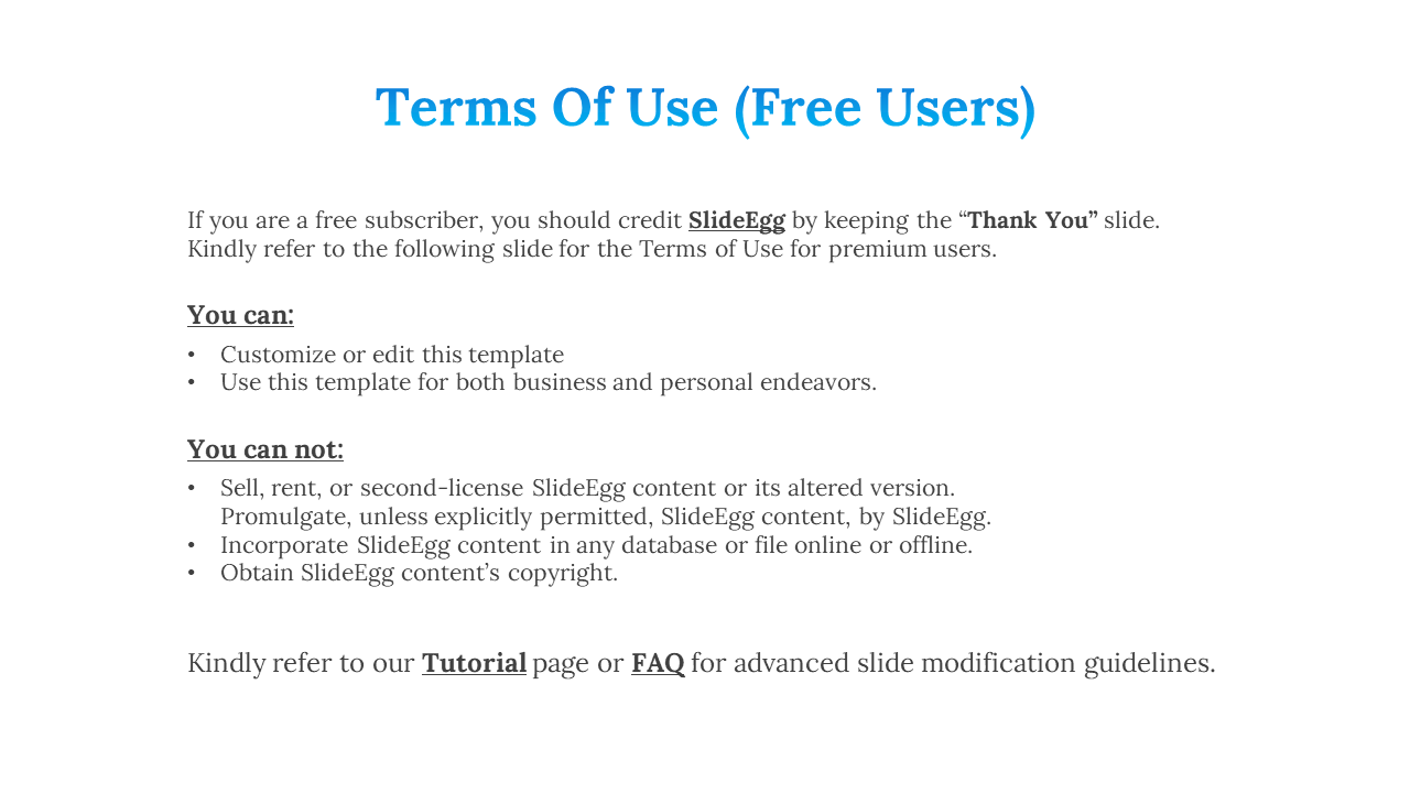 Slide featuring a blue header, two sections of rights and restrictions for free users, and a footer with helpful links.