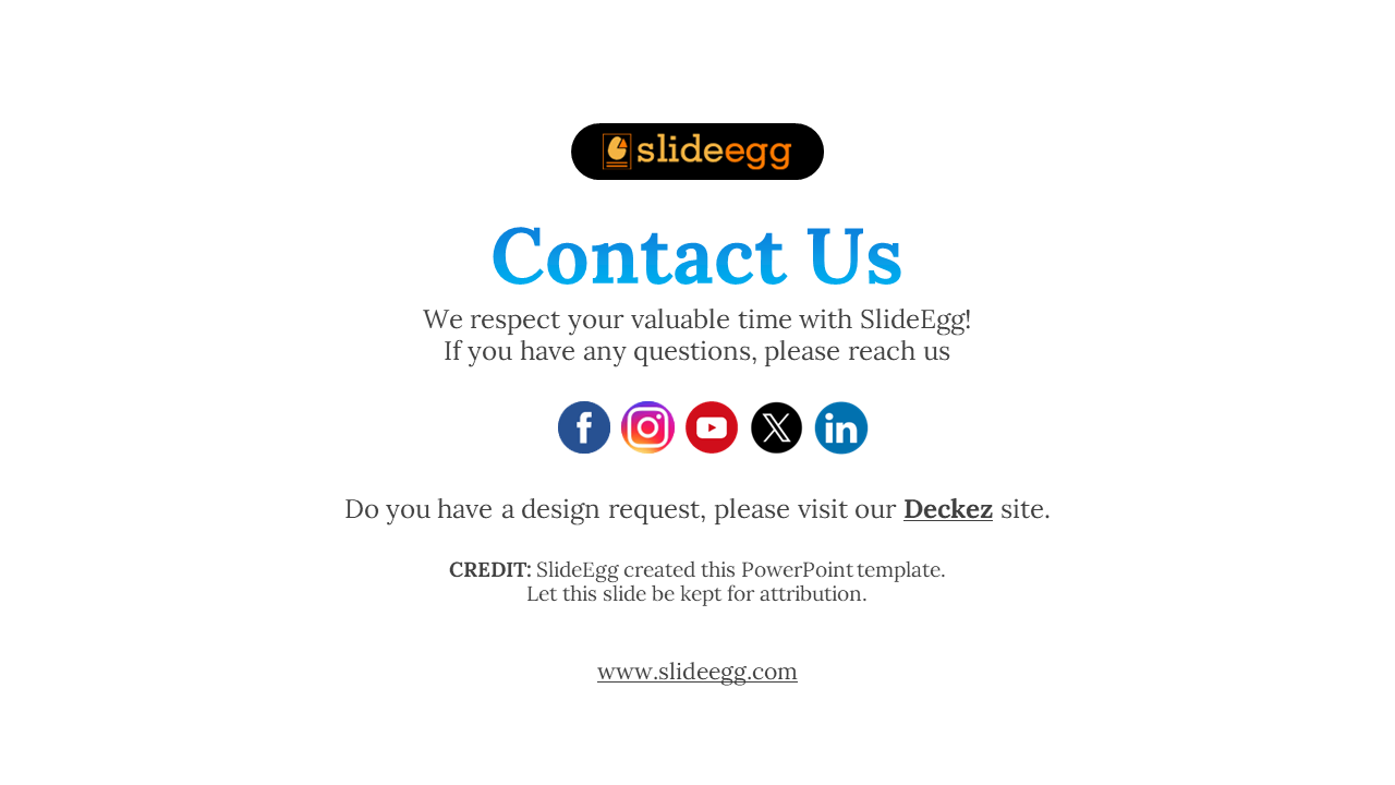 Simple layout with blue and black text, social media icons, and a website link at the bottom of the page.