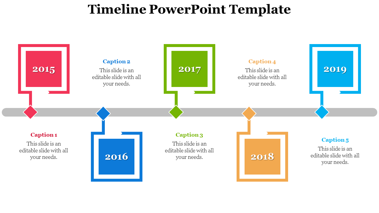 Timeline design with colorful square icons in red, navy, green, yellow, and blue representing the years 2015 to 2019.