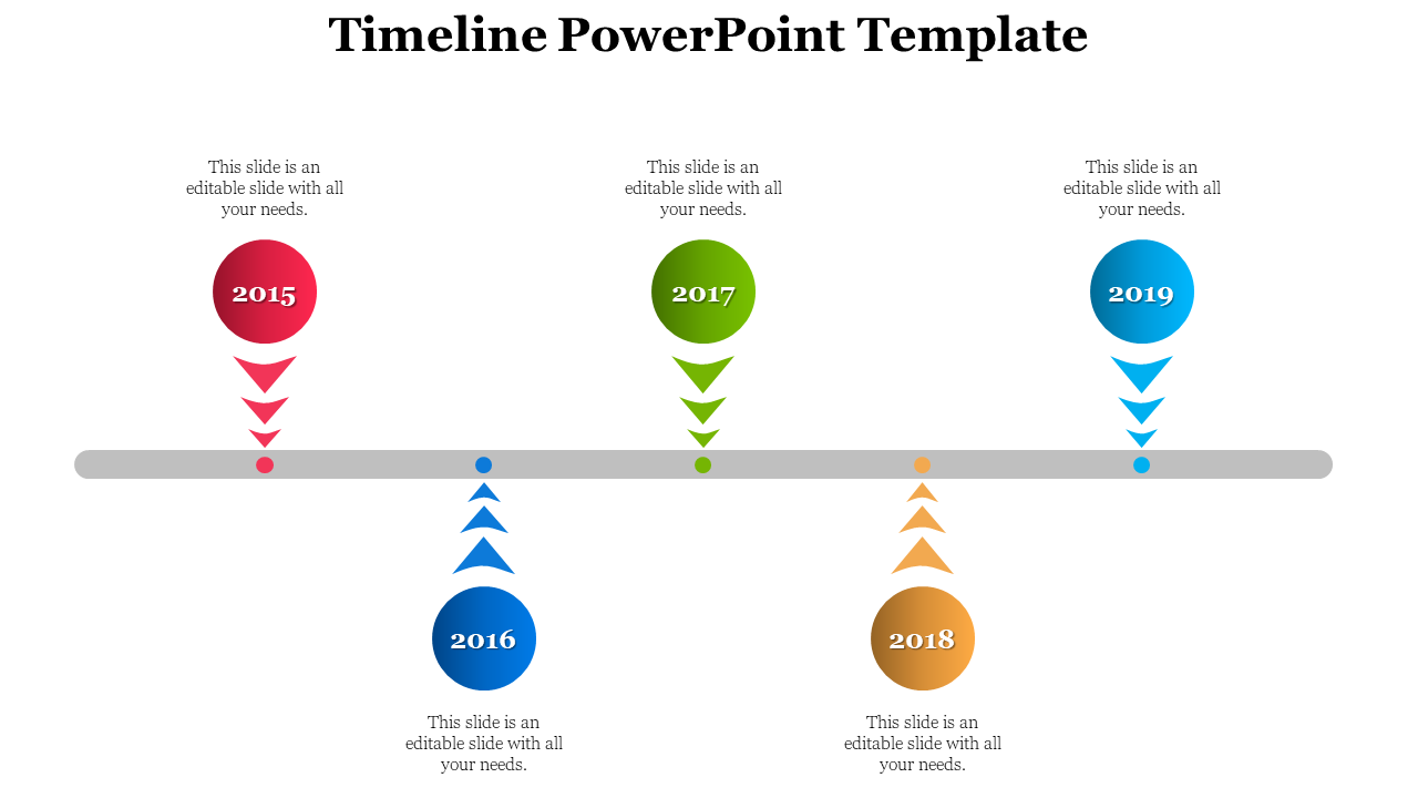 Timeline with five years marked by circles in red, navy, green, yellow, and blue, each with a downward and upward arrow.
