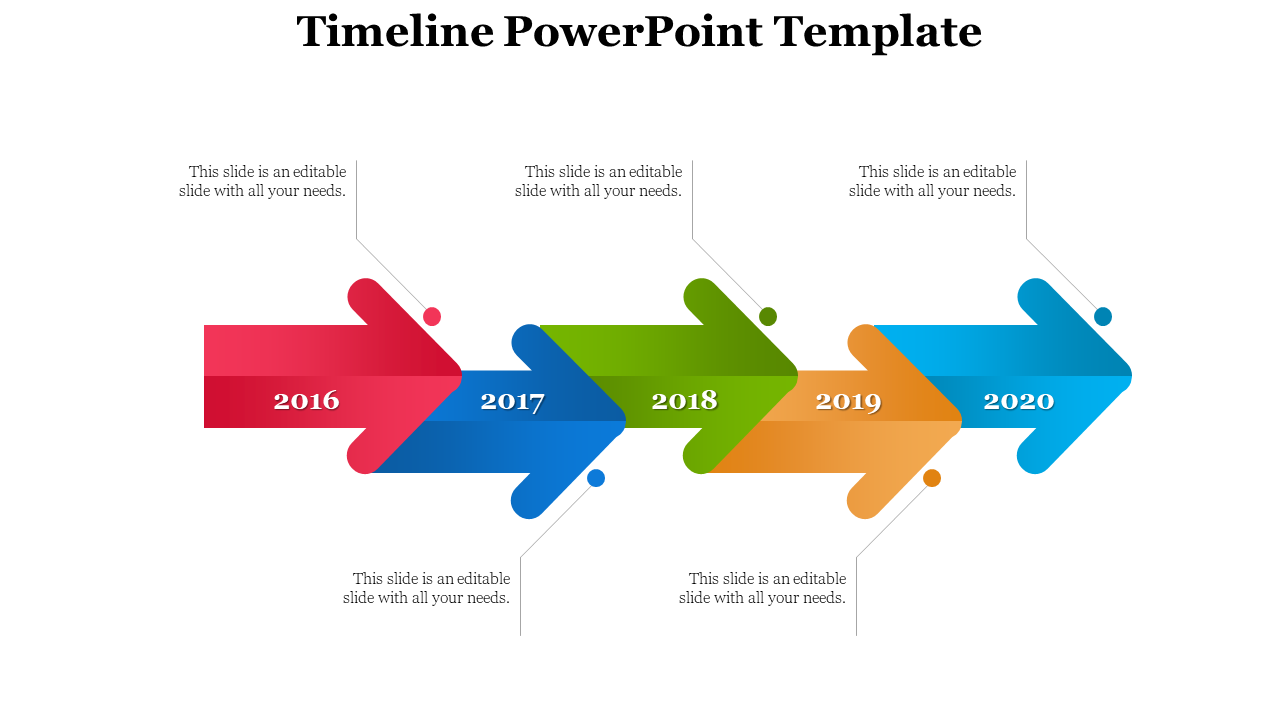 Colorful horizontal timeline with arrows in red, navy, green, yellow, and blue, each representing a year from 2016 to 2020.