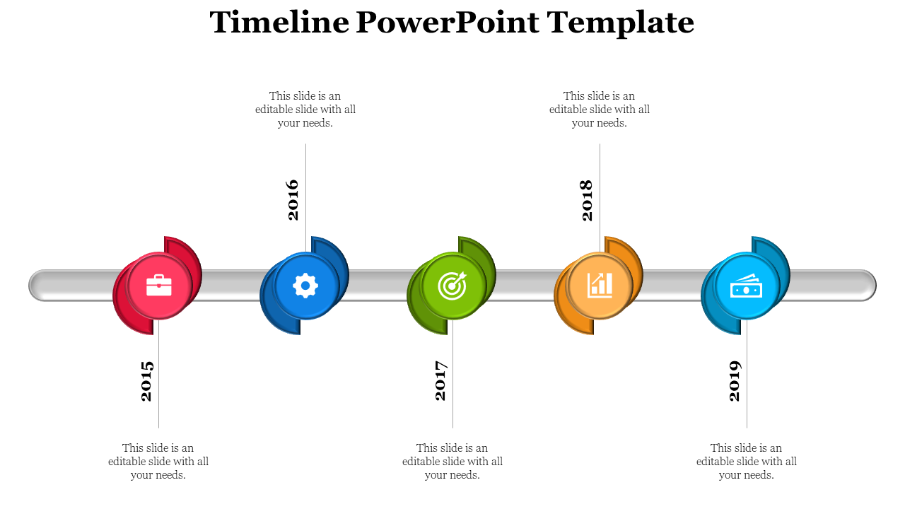 Timeline with circular icons in red, navy, green, yellow, and blue, each marking a year from 2015 to 2019 with symbols.