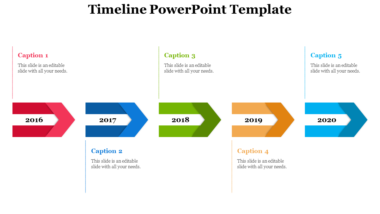 Horizontal timeline with colored arrows in red, navy, green, orange, and blue, each representing a year from 2016 to 2020.