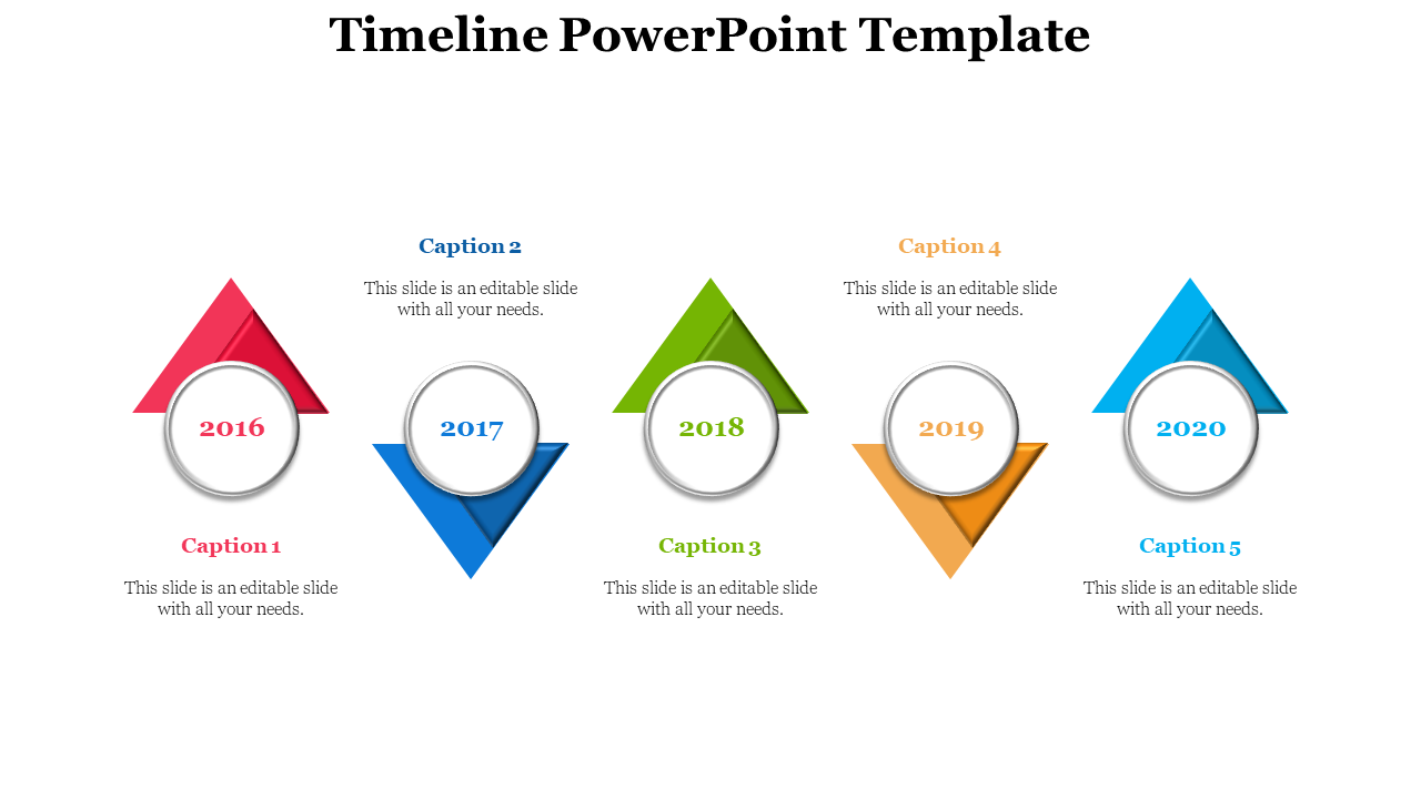 Colorful timeline with year markers in red, navy, green, yellow, and blue, each with a triangular shape and caption.
