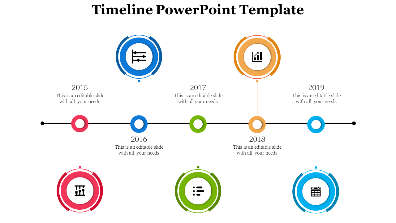 Timeline design with circular icons in red, navy, green, yellow, and blue, representing 2015 to 2019 with captions.