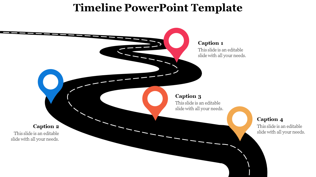 Winding road timeline with colorful location markers in red, blue, orange, and yellow, each with a caption for each step.