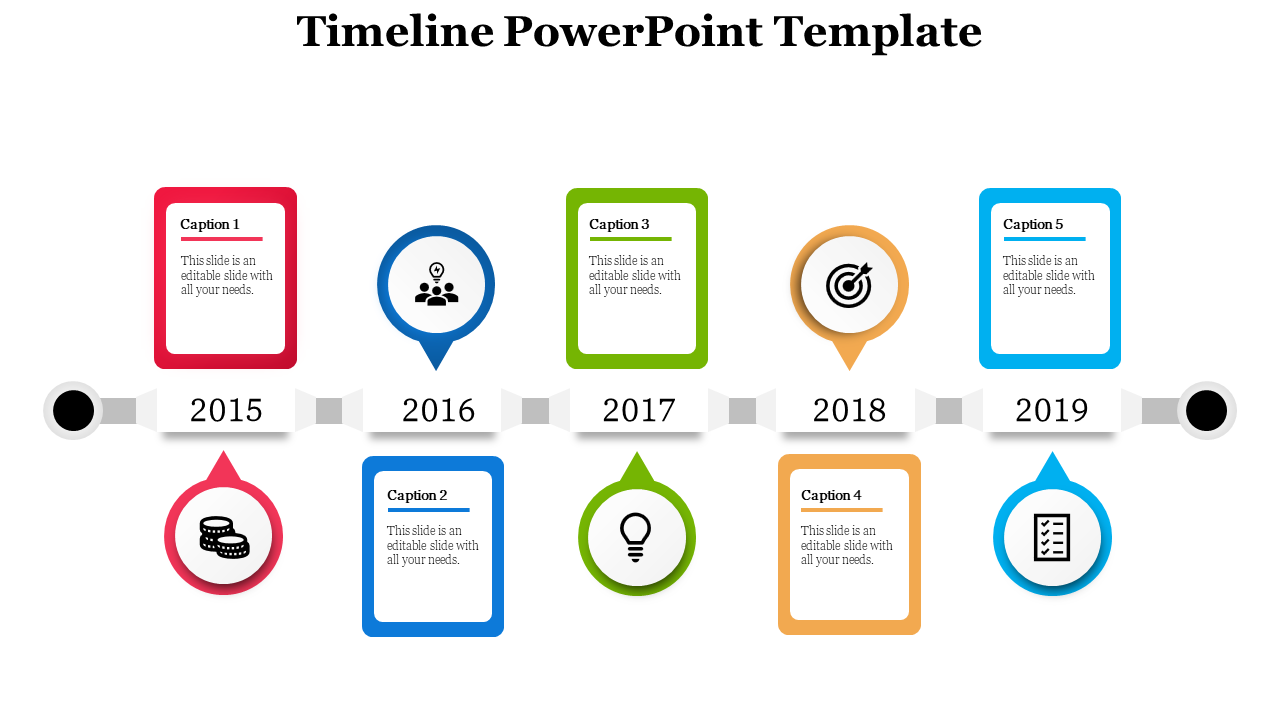 Timeline with circular icons and caption boxes in red, navy, green, yellow, and blue, each with a year from 2015 to 2019.