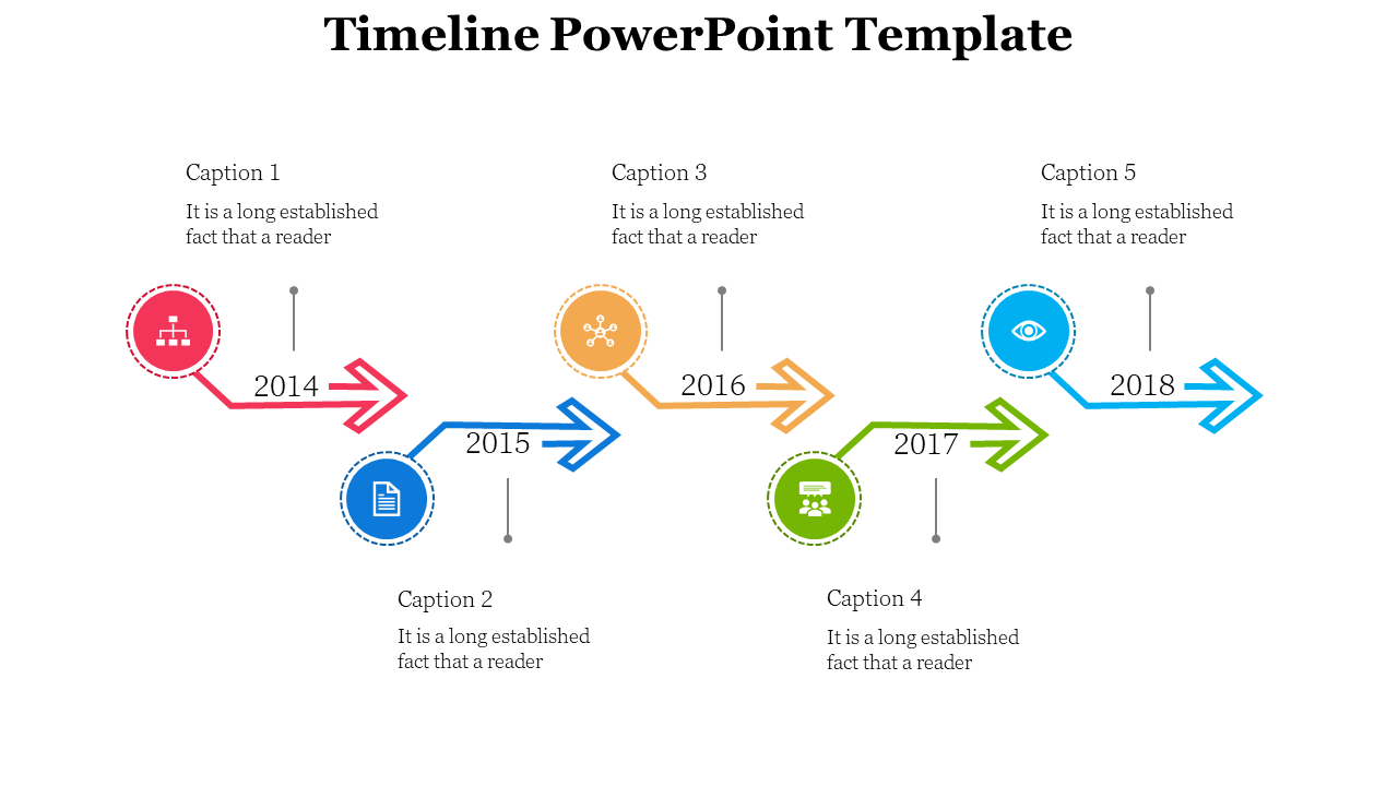 Slide displaying a timeline with icons and arrows in red, navy, yellow, green, and blue, marking the years 2014 to 2018.