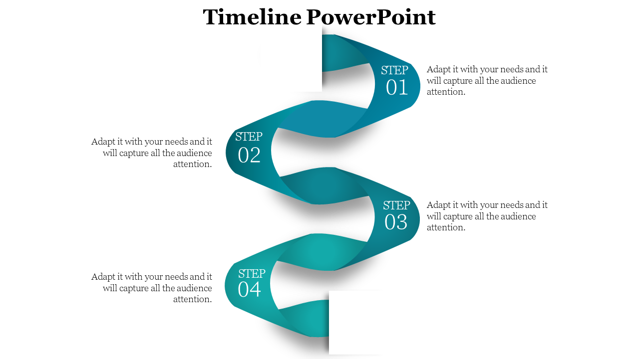 Curved timeline with teal ribbon like arrows representing steps 01 to 04, each containing text.