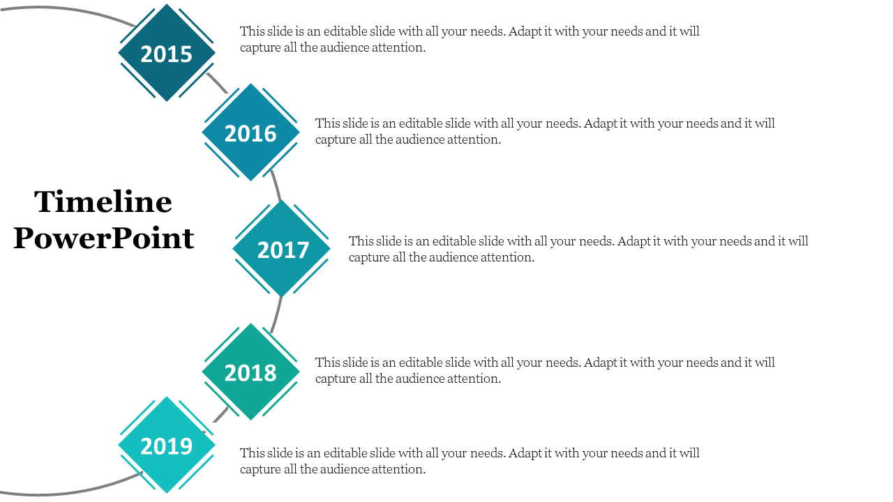 Angled timeline with diamond shaped markers for 2015 to 2019, each year connected by a curved line with captions.