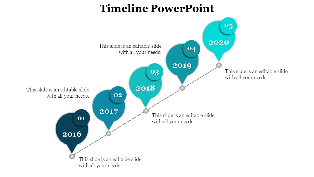 Diagonal timeline with teal circular icons for 2016 to 2020, each year marked with a number and connected by dotted lines.