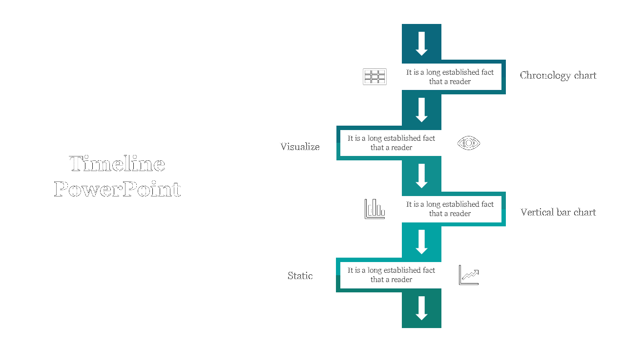 Timeline with downward arrows in teal connecting stages, each marked with icons in black, and text.