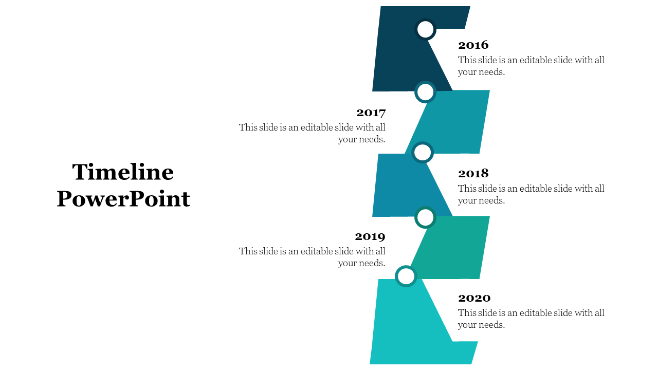 Timeline with five teal triangular shapes for years 2016 to 2020, each connected by circles, with text beneath.