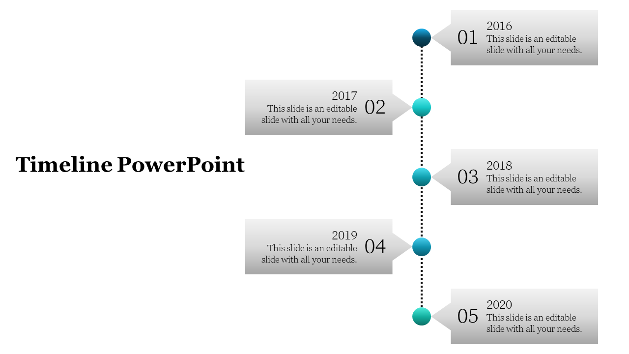 Vertical timeline with five years from 2016 to 2020, marked by teal circles connected by dotted lines.