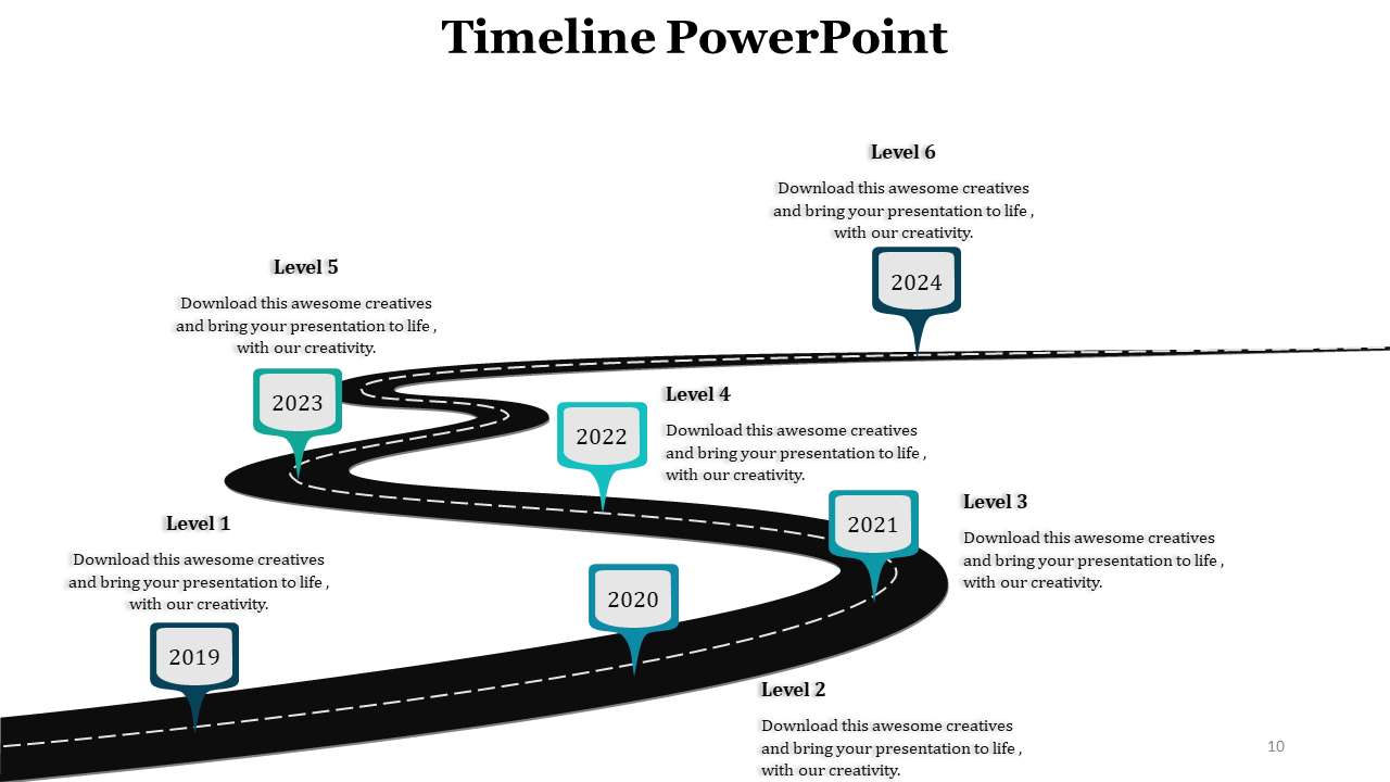 Timeline with years 2019 to 2024 marked by teal speech bubble icons, connected by a winding dashed road.