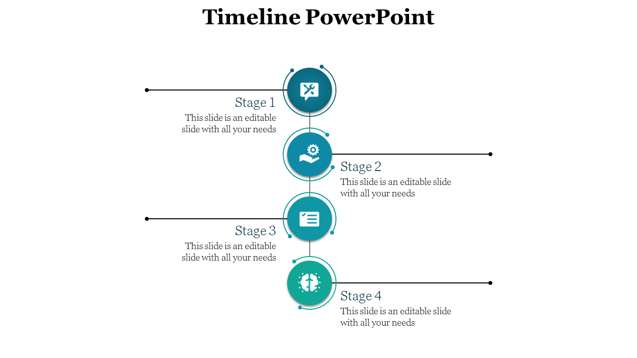 Vertical timeline with four stages, each represented by a teal circle icon with a number, connected by lines.