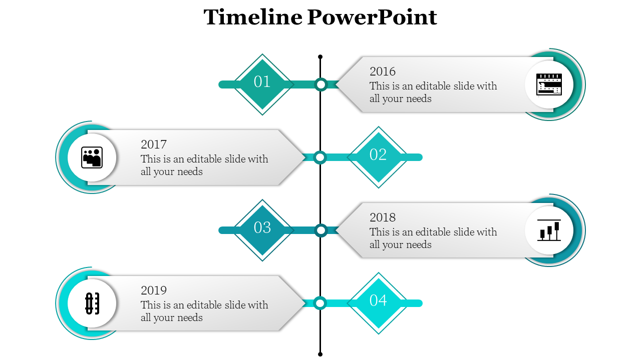 Simple timeline with four milestones from 2016 to 2019, marked by circular icons and connected by diamond shapes in teal.