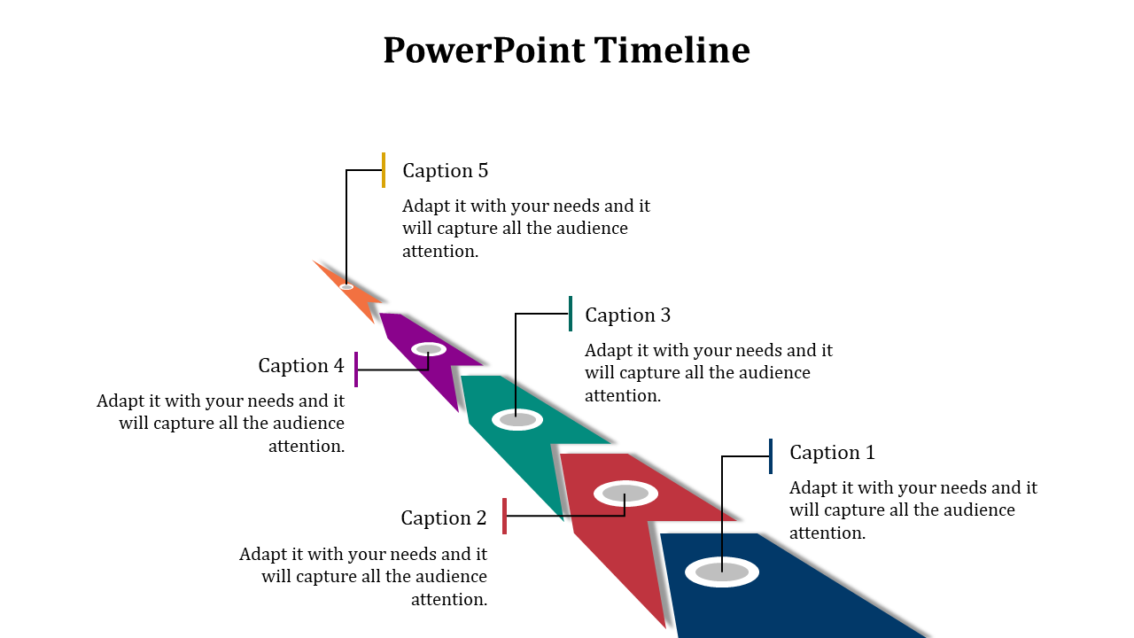Timeline with five colorful arrows in blue, red, green, purple, and orange, each leading to a caption and circular icons.