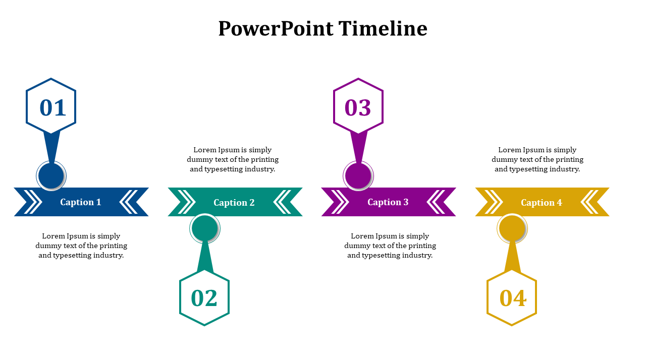 Timeline with four steps, each represented by colorful hexagonal and rectangular shapes in blue, teal, purple, and yellow.