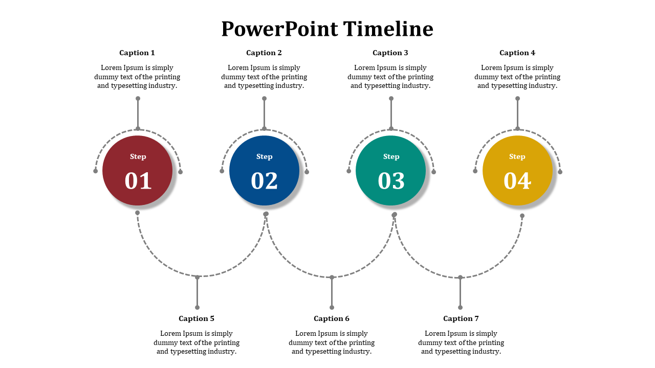 Timeline with four colored circular steps in red, blue, green, and yellow, connected by dashed lines, with captions.