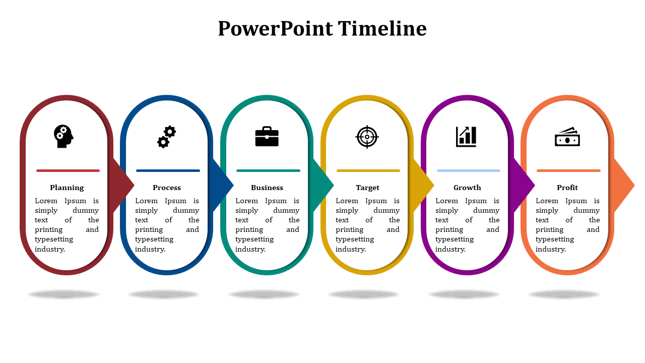 Timeline featuring six steps in rectangular shapes with arrows, in shades of red, blue, green, yellow, purple, and orange.