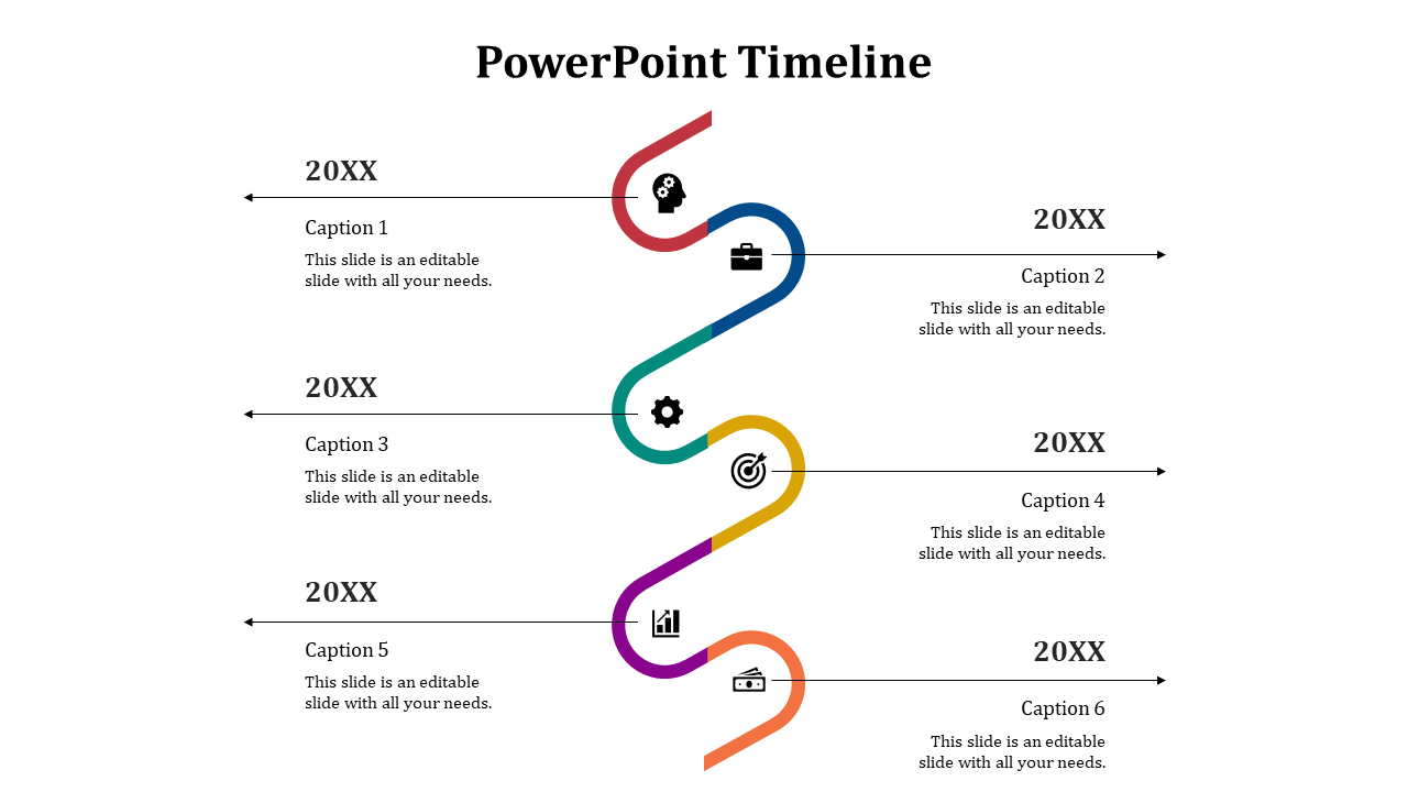 Colorful zigzag timeline with six steps, each marked by arrows and icons in red, blue, green, yellow, purple, and orange.