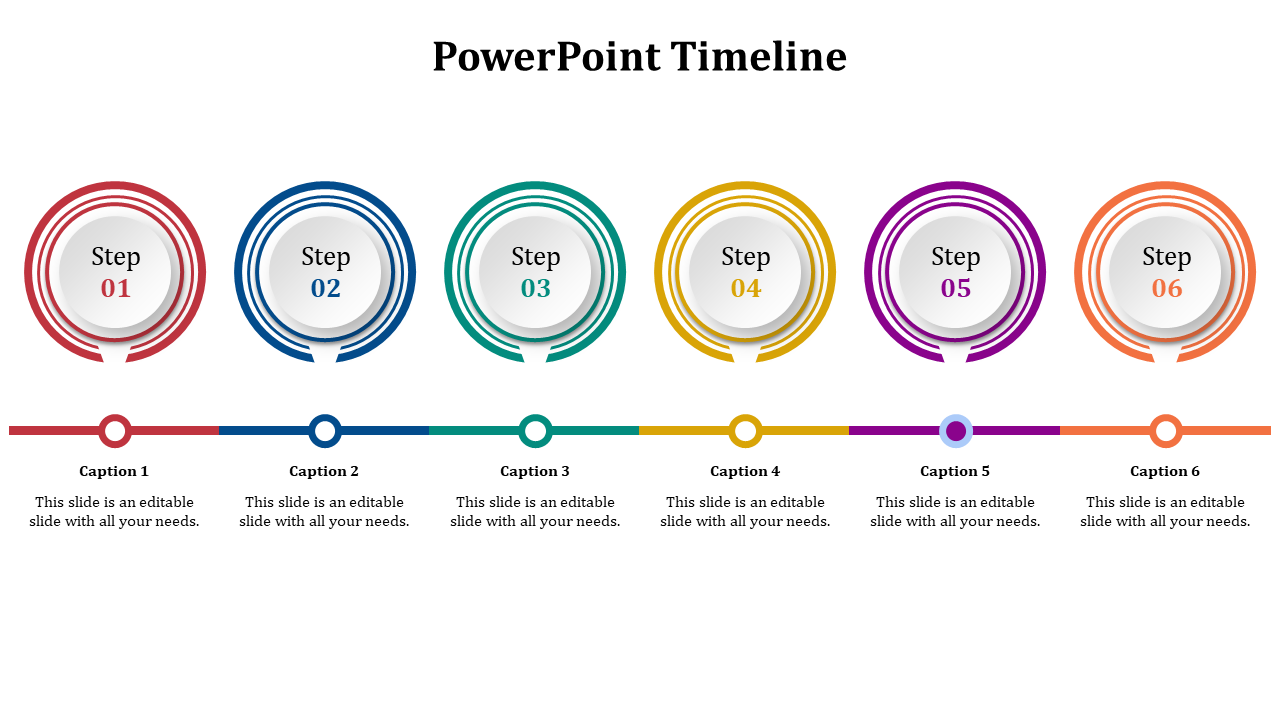 Horizontal timeline with six colorful circular icons in red, blue, teal, yellow, purple, and orange.