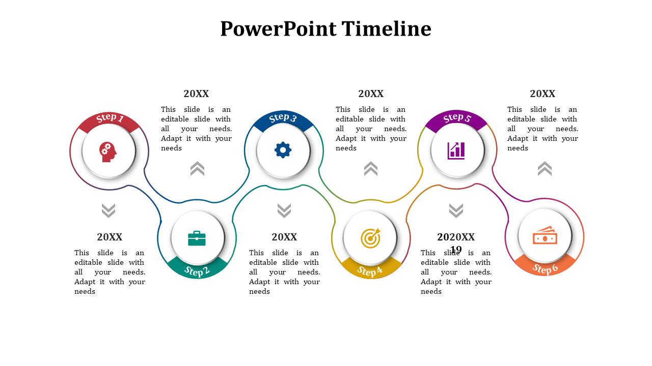 Circular timeline with six steps in red, teal, green, yellow, purple, and orange, with corresponding icons.