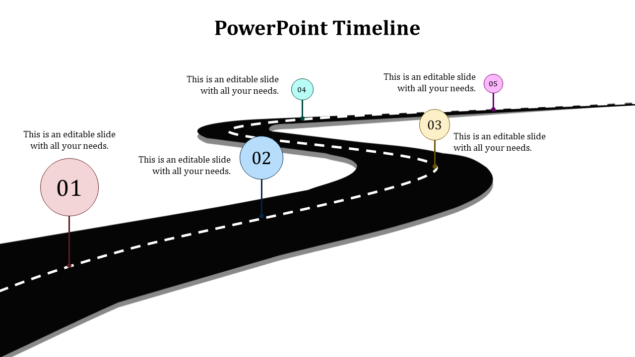 Winding black road with five colorful numbered circles in pink, blue, yellow, green, and purple, each containing text.