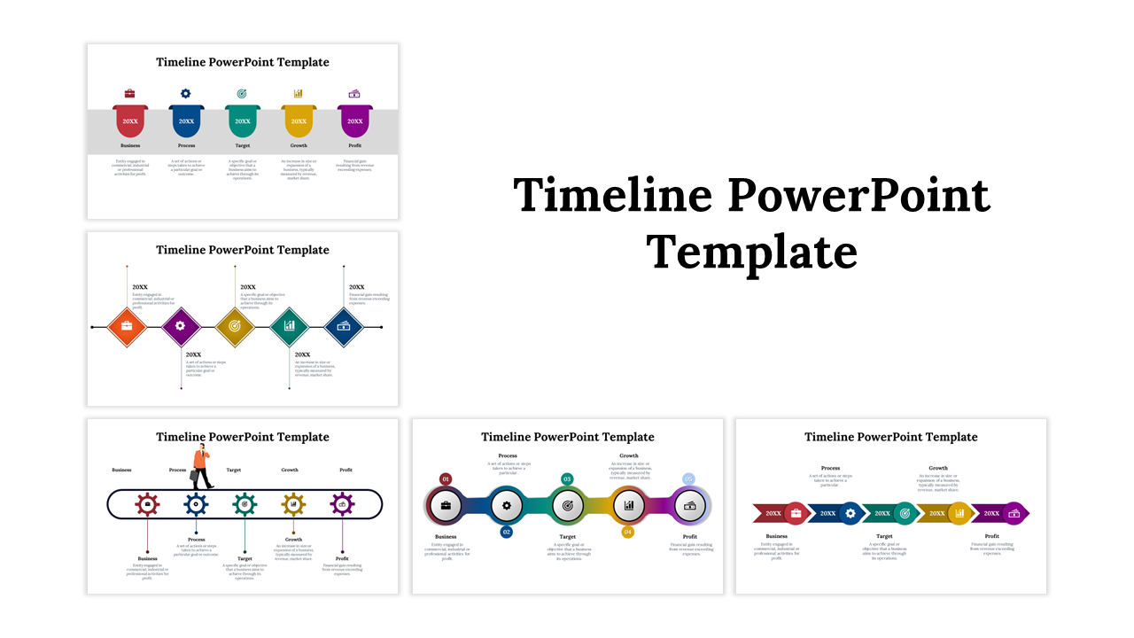 Template featuring multi colored timeline designs with geometric shapes, including hexagons, circles, and gears.