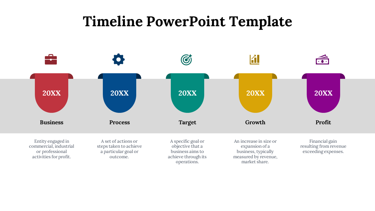 Timeline with red, blue, green, yellow, and purple year labels, on a gray horizontal bar, each containing icons.